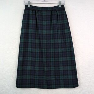 Vintage Pendleton Plaid Wool Skirt Size 6 A-Line Midi Pockets Green Blue Black